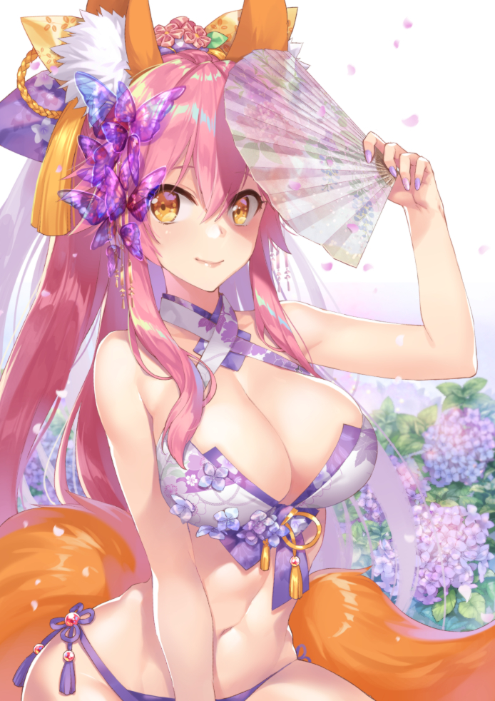 animal_ear_fluff animal_ears bikini breasts bug butterfly cleavage commentary_request criss-cross_halter demmy fan fate/extra fate_(series) flower fox_ears fox_tail hair_ornament halterneck hydrangea insect large_breasts long_hair navel pink_hair side-tie_bikini solo swimsuit tail tamamo_(fate)_(all) tamamo_no_mae_(fate) yellow_eyes