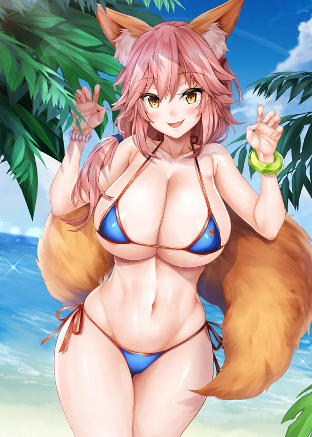 :d animal_ear_fluff animal_ears bangs bare_shoulders beach bikini blue_bikini blue_sky blush bracelet breasts claw_pose cleavage cloud collarbone commentary cowboy_shot day eyebrows_visible_through_hair fang fate/extra fate/grand_order fate_(series) fox_ears fox_tail hair_between_eyes hands_up hips jewelry large_breasts legs_together long_hair looking_at_viewer md5_mismatch navel ocean oni-noboru open_mouth outdoors palm_tree paw_pose pink_hair revision shiny shiny_skin sky smile solo standing swimsuit tail tamamo_(fate)_(all) tamamo_no_mae_(swimsuit_lancer)_(fate) thighs tree yellow_eyes