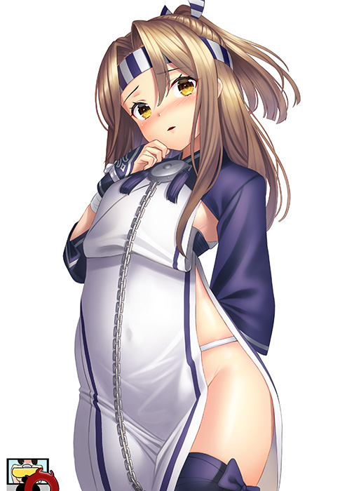ainu_clothes bad_anatomy blue_jacket blush brown_eyes chain commentary_request cosplay covered_navel cropped_jacket dress enemy_lifebuoy_(kantai_collection) groin hachimaki headband high_ponytail jacket kamoi_(kantai_collection) kamoi_(kantai_collection)_(cosplay) kantai_collection kyon_(fuuran) light_brown_hair long_hair parted_lips shinkaisei-kan simple_background sleeveless sleeveless_dress solo white_background white_dress zuihou_(kantai_collection)