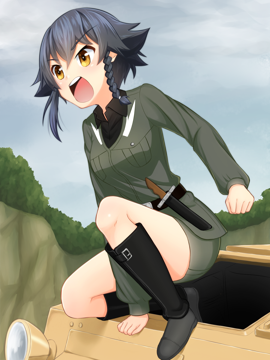 anzio_military_uniform arm_support bangs belt black_belt black_footwear black_hair black_shirt boots braid brown_eyes carro_veloce_cv-33 clenched_hand cloud cloudy_sky commentary_request day dress_shirt eyebrows_visible_through_hair frown girls_und_panzer grey_jacket grey_skirt ground_vehicle highres jacket knife long_sleeves looking_to_the_side military military_uniform military_vehicle miniskirt motor_vehicle one_knee open_mouth outdoors overcast partial_commentary pencil_skirt pepperoni_(girls_und_panzer) ruka_(piyopiyopu) shirt short_hair shouting side_braid skirt sky solo tank uniform v-shaped_eyebrows wing_collar