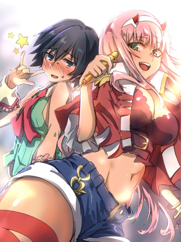1girl \m/ bangs bare_arms bare_shoulders belt black_hair blue_eyes blue_shorts blush breasts capelet cleavage coattails commentary_request cosplay couple crop_top crossdressing crossover darling_in_the_franxx denim denim_shorts detached_collar eyebrows_visible_through_hair gold_trim green_eyes green_shirt hair_ornament hairband herozu_(xxhrd) hetero hiro_(darling_in_the_franxx) holding holding_microphone horns long_hair looking_at_viewer macross macross_frontier medium_breasts microphone midriff navel necktie oni_horns open_clothes open_fly open_shorts parody pink_hair purple_shorts ranka_lee ranka_lee_(cosplay) red_capelet red_horns red_legwear red_neckwear sheryl_nome sheryl_nome_(cosplay) shirt short_shorts shorts sleeveless sleeveless_shirt star stomach style_parody sweat thighhighs thighs torn_clothes torn_legwear white_hairband wrist_cuffs zero_two_(darling_in_the_franxx)