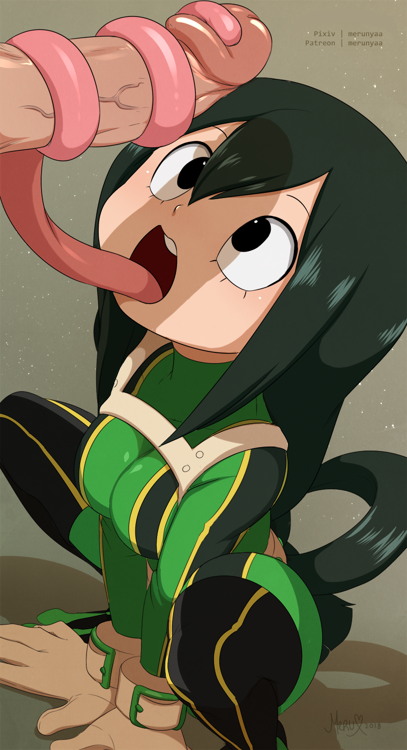 amphibian animal_humanoid asui_tsuyu bangs big_eyes big_penis black_eyes black_hair bodysuit breasts child clothed clothing crouching duo erection eyelashes female female_focus frog_humanoid fully_clothed gloves green_clothing hair hair_rings hi_res humanoid humanoid_penis light_skin long_hair long_tongue looking_up male male/female merunyaa my_hero_academia open_mouth oral pale_skin penis pink_tongue sex skinsuit solo_focus tight_clothing tongue tongue_out tonguejob young