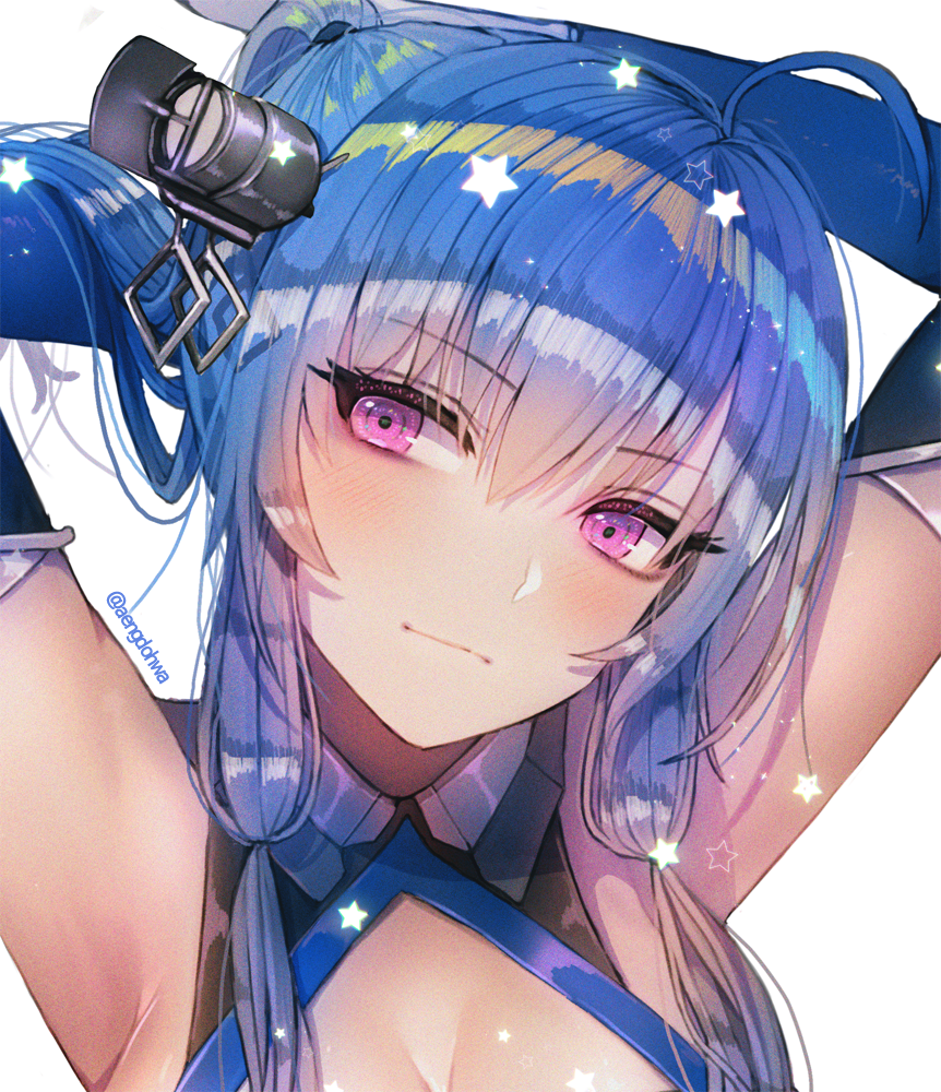 ahoge armpits arms_behind_head azur_lane bangs bare_shoulders blue_gloves blue_hair blush breasts cleavage closed_mouth collarbone commentary dress elbow_gloves eyebrows_visible_through_hair gloves gradient_hair hair_between_eyes hair_ornament hair_ribbon hanato_(seonoaiko) hand_in_hair head_tilt impossible_clothes impossible_dress large_breasts light_smile long_hair looking_at_viewer multicolored_hair no_bra purple_eyes rainbow_gradient ribbon sideboob sidelocks smile solo sparkle st._louis_(azur_lane) star symbol_commentary taut_clothes taut_dress tress_ribbon upper_body white_background white_gloves