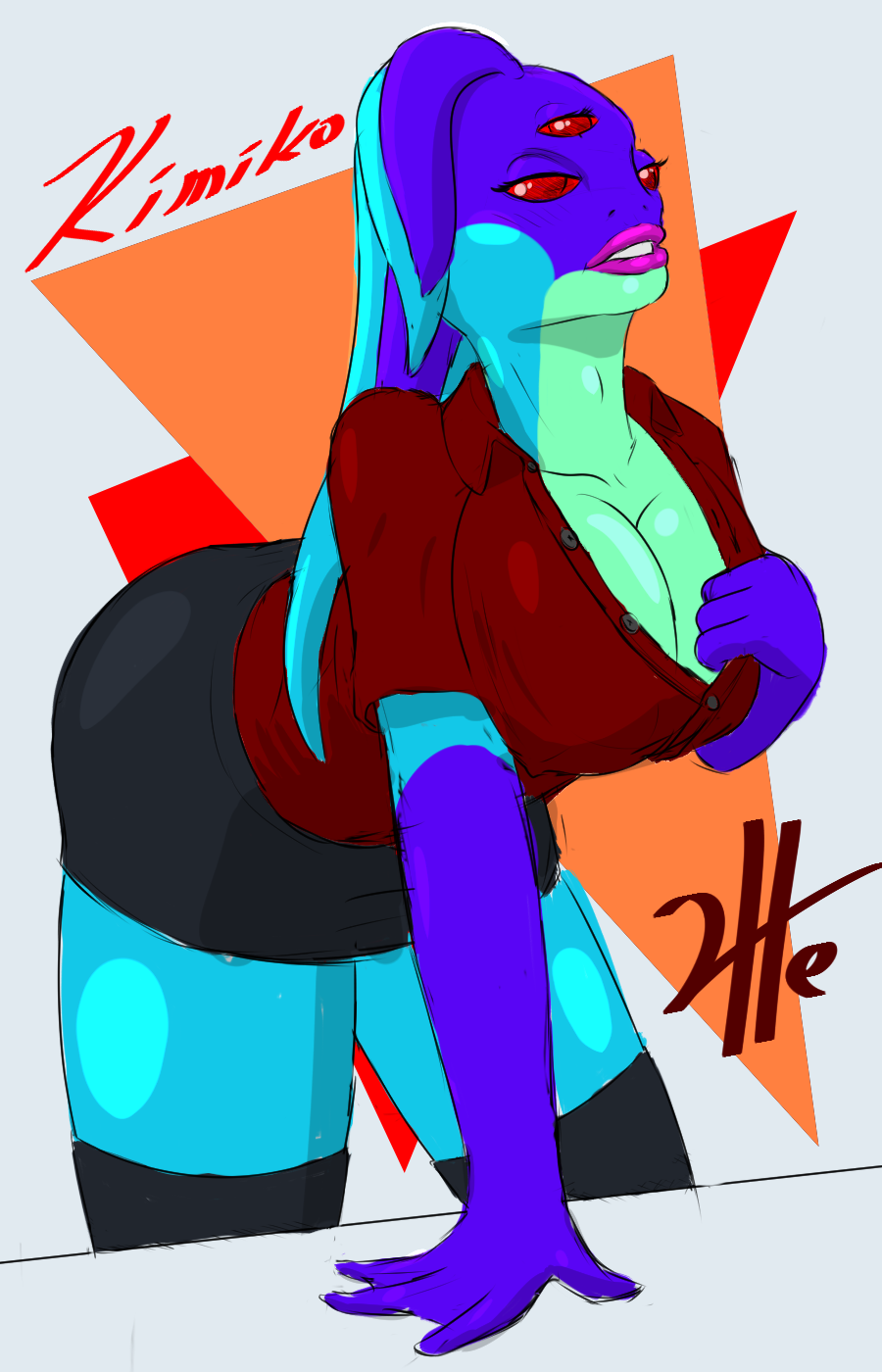 alien big_breasts blush breasts clothing digital_drawing_(artwork) digital_media_(artwork) female helium2 huge_breasts hylotl multi_eye red_eyes scalie simple_background starbound thick_thighs third_eye two_tone_body video_games voluptuous wide_hips