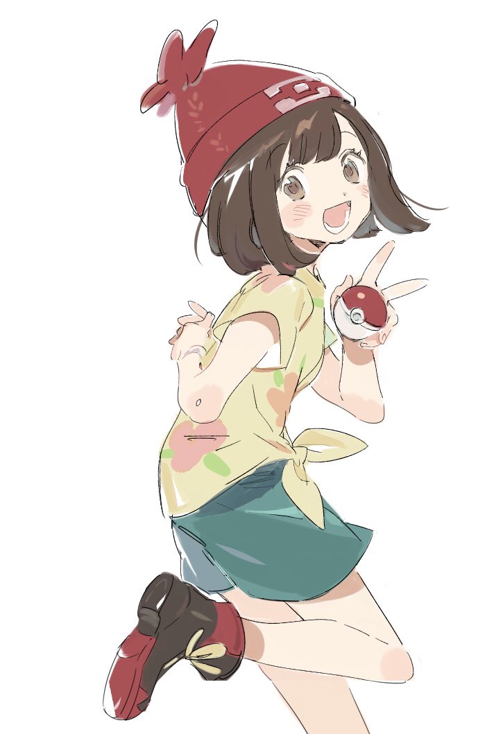 beanie black_hair commentary_request from_side green_shorts hat holding holding_poke_ball iovebly leg_up looking_to_the_side mizuki_(pokemon) open_mouth poke_ball pokemon pokemon_(game) pokemon_sm red_hat shirt short_hair short_sleeves shorts simple_background solo tied_shirt white_background