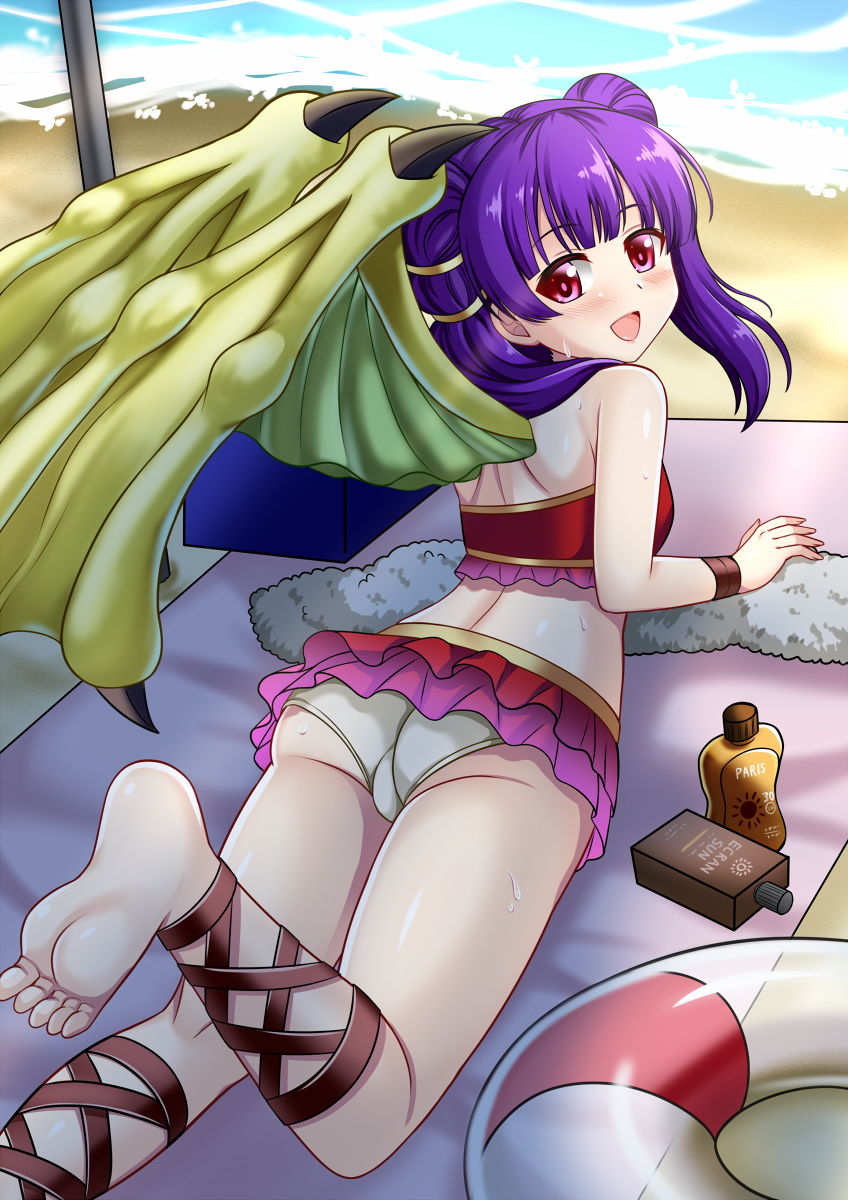 ass beach bikini commentary_request day dragon_wings fire_emblem fire_emblem:_seima_no_kouseki fire_emblem_heroes highres innertube looking_back lying mamkute multi-tied_hair myrrh on_stomach open_mouth purple_hair red_eyes solo swimsuit the-sinner trefoil twintails water wings wristband