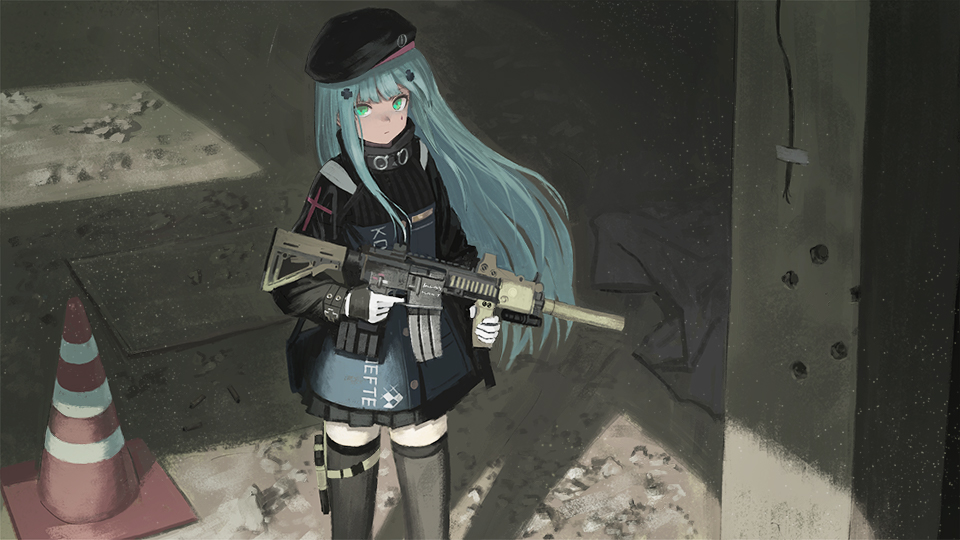 assault_rifle bangs beret black_dress black_hat black_legwear blue_hair closed_mouth commentary_request dress facial_mark girls_frontline gloves green_eyes gun hair_ornament hat heckler_&amp;_koch hk416 hk416_(girls_frontline) holding holding_gun holding_weapon long_hair long_sleeves looking_at_viewer rifle solo standing thigh_strap thighhighs traffic_cone turtleneck very_long_hair wasabi60 weapon white_gloves