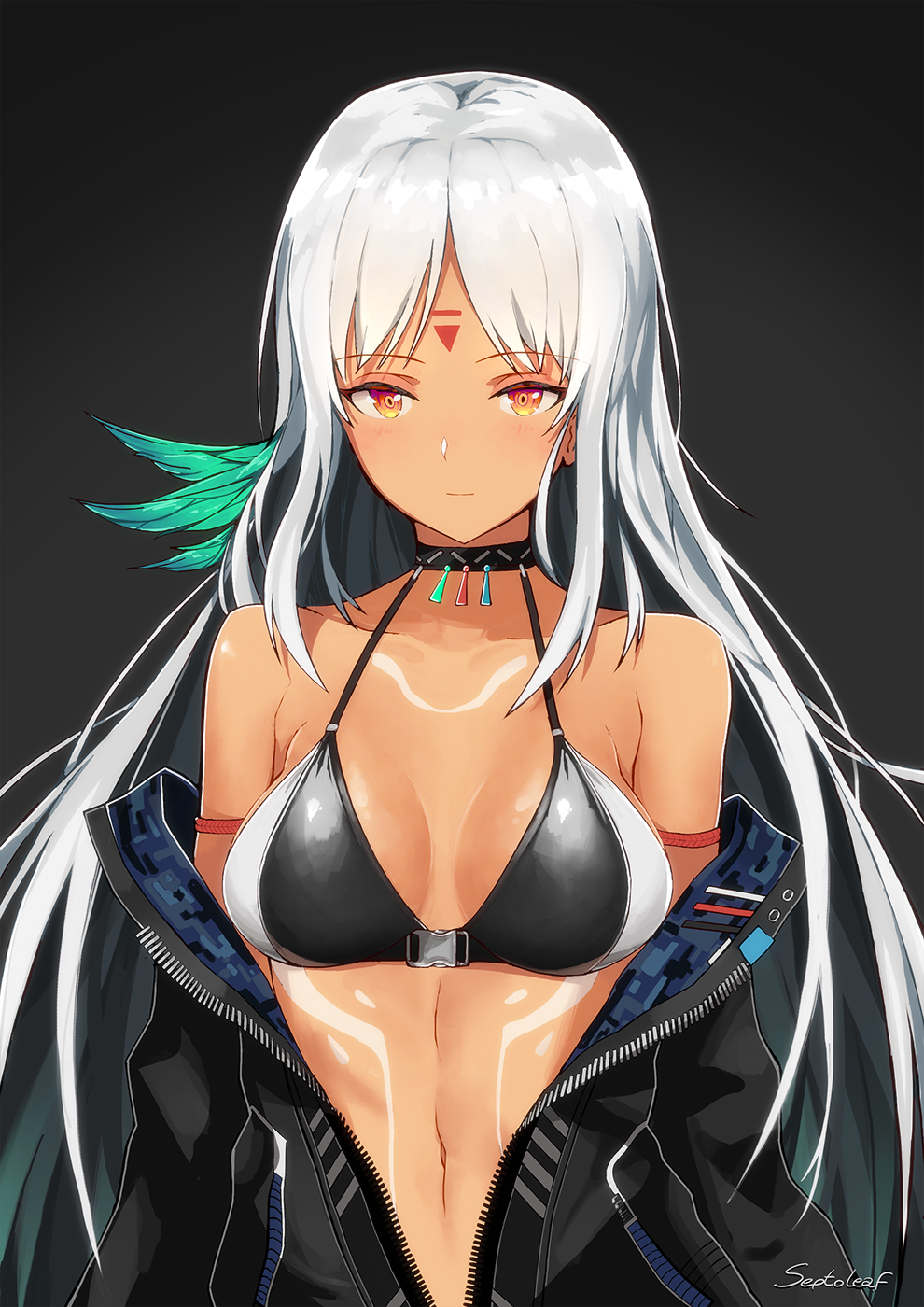 arm_strap azur_lane bangs bare_shoulders bikini_top black_jacket blush breasts brown_eyes choker cleavage closed_mouth collarbone commentary dark_skin eyebrows_visible_through_hair feathers hair_feathers highres jacket large_breasts long_hair long_sleeves looking_at_viewer massachusetts_(azur_lane) multicolored_hair native_american navel off_shoulder open_clothes partially_unzipped septoleaf sidelocks signature silver_hair simple_background smile solo swimsuit swimsuit_under_clothes tan zipper