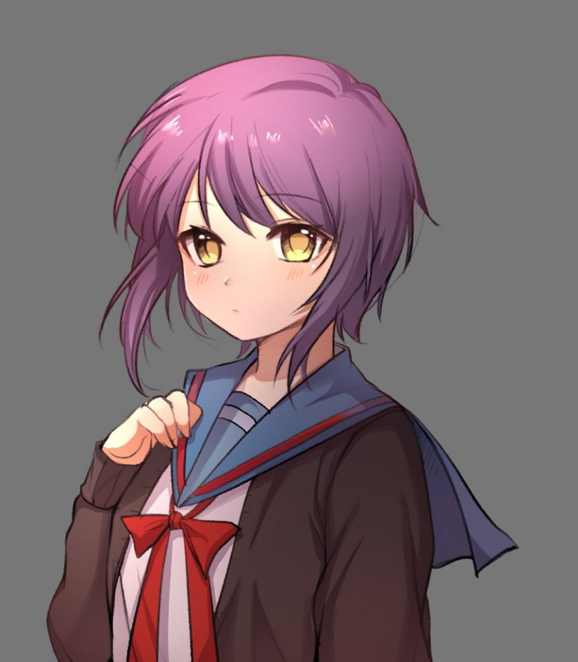 bangs closed_mouth echu expressionless eyebrows_visible_through_hair grey_background hair_between_eyes hand_up kita_high_school_uniform long_sleeves looking_at_viewer nagato_yuki neck_ribbon purple_hair red_ribbon ribbon school_uniform serafuku shiny shiny_hair short_hair sidelocks simple_background solo suzumiya_haruhi_no_yuuutsu upper_body yellow_eyes