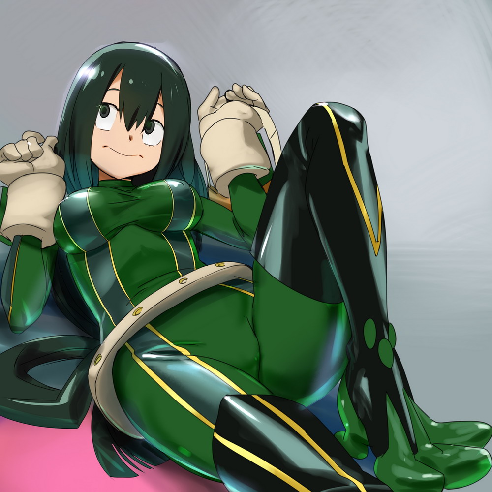 asui_tsuyu bangs black_eyes black_footwear black_hair bodysuit boku_no_hero_academia boots breasts brown_gloves closed_mouth commentary covered_nipples frog_girl gloves goggles goggles_removed green_bodysuit grey_background hair_between_eyes hand_up head_tilt holding knee_up long_hair long_sleeves looking_away looking_up low-tied_long_hair lying medium_breasts on_back ontaros shiny shiny_hair solo straight_hair taut_clothes thigh_boots thighhighs very_long_hair