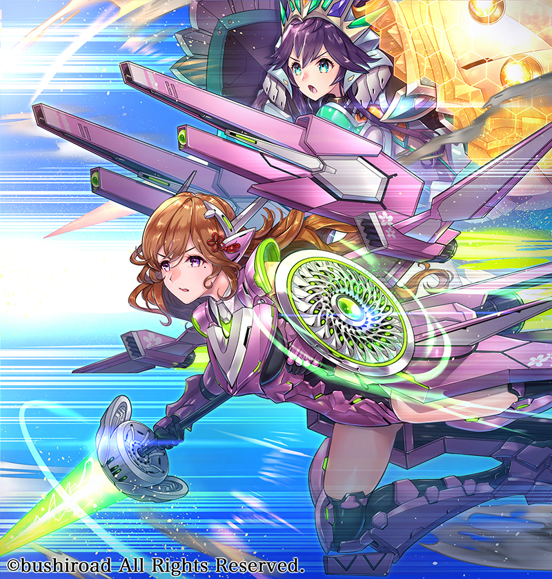 :o aqua_eyes black_hair black_legwear blue_background brown_hair energy_sword future_card_buddyfight hair_ribbon headset holding holding_weapon long_hair mecha motion_lines multiple_girls official_art pink_legwear purple_eyes red_ribbon ribbon shield sword thighhighs toshi_gahara watermark weapon