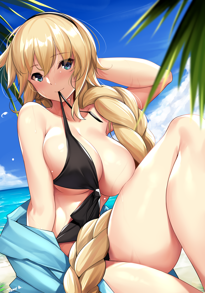 artist_name beach bikini black_bikini blonde_hair blue_eyes blush braid breasts cleavage cloud day fate/grand_order fate_(series) hair_over_shoulder hairband hand_behind_head highres jacket jeanne_d'arc_(fate)_(all) jeanne_d'arc_(swimsuit_archer) large_breasts long_braid long_hair looking_at_viewer mouth_hold ocean off_shoulder palm_leaf single_braid sky smile solo swimsuit tony_guisado untied untied_bikini