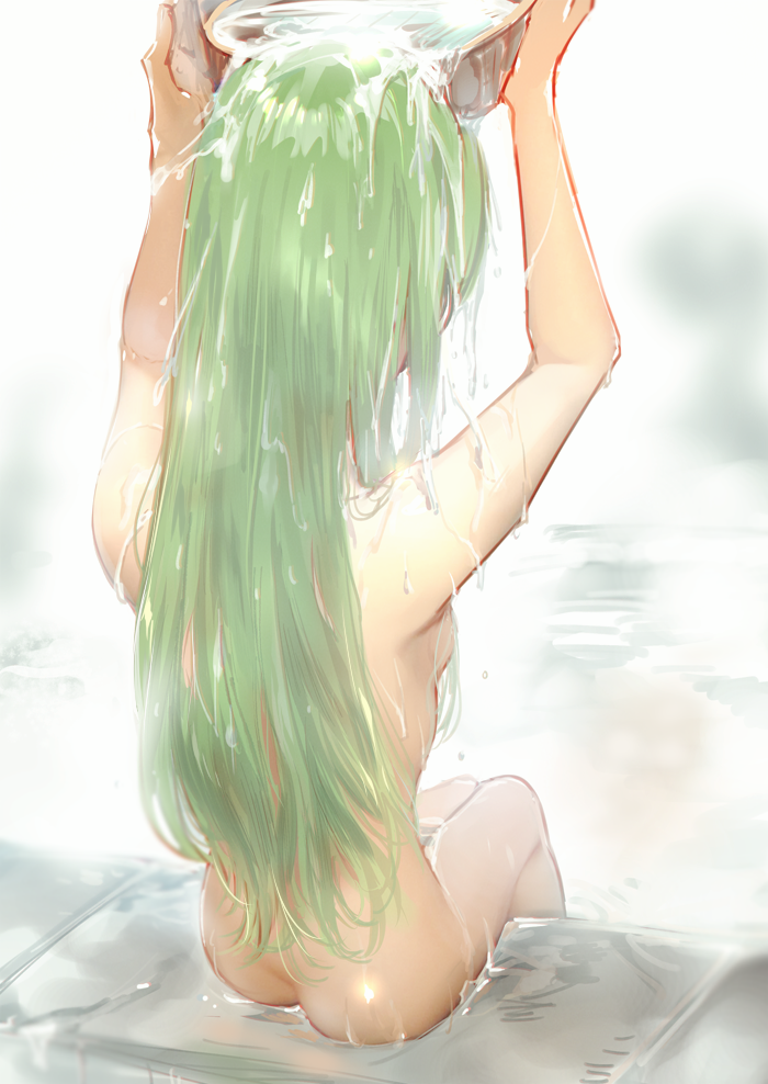 ass back breasts bucket buckle c.c. code_geass creayus facing_away from_behind green_hair legs_together long_hair nude onsen outdoors pouring sideboob simple_background sitting solo steam straight_hair water wet wet_hair wooden_bucket