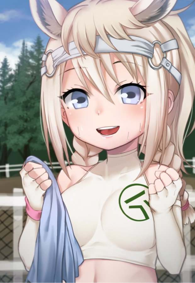 :d animal_ears blue_eyes bra braid bridle clenched_hands cloud cloudy_sky day elbow_gloves extra_ears eyebrows_visible_through_hair gloves headgear horizontal_pupils horse_ears horse_girl kemono_friends long_hair looking_at_viewer navel nyifu open_mouth sky smile solo sports_bra sportswear standing sweat tree underwear white_bra white_gloves white_hair white_sports_bra white_thoroughbred_(kemono_friends)