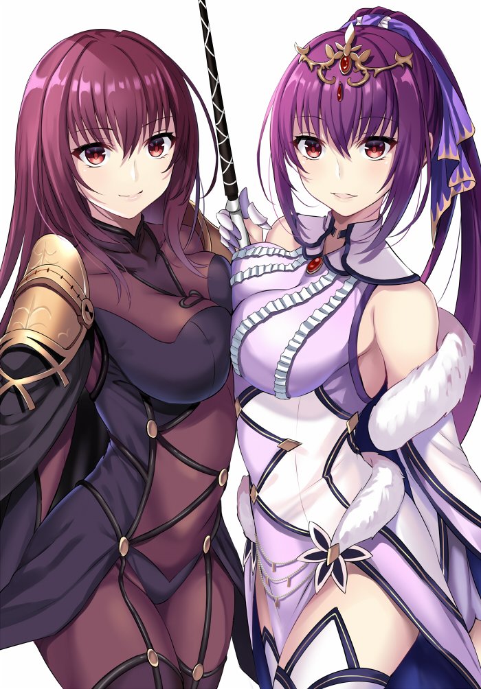 bangs bare_shoulders blush bodysuit breast_press breasts closed_mouth collarbone commentary covered_navel dress fate/grand_order fate_(series) fur_trim hair_between_eyes hair_ribbon harimoji hips large_breasts long_hair looking_at_viewer multiple_girls parted_lips pauldrons ponytail purple_bodysuit purple_dress purple_hair purple_ribbon red_eyes ribbon scathach_(fate)_(all) scathach_(fate/grand_order) scathach_skadi_(fate/grand_order) simple_background smile symmetrical_docking thighs tiara wand white_background