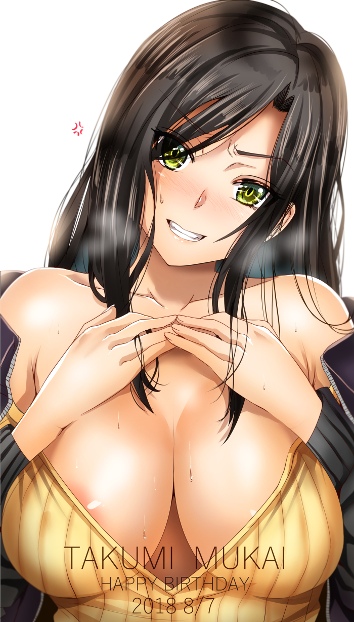 anger_vein areola_slip areolae bangs bare_shoulders black_hair black_jacket blush breasts character_name cleavage collarbone commentary_request dated green_eyes hands_on_own_chest happy_birthday highres idolmaster idolmaster_cinderella_girls jacket large_breasts long_hair looking_at_viewer mukai_takumi off-shoulder_sweater off_shoulder open_clothes open_jacket ribbed_sweater simple_background smile solo sweat sweater white_background yamada_naoko_(hideko1227) yellow_sweater