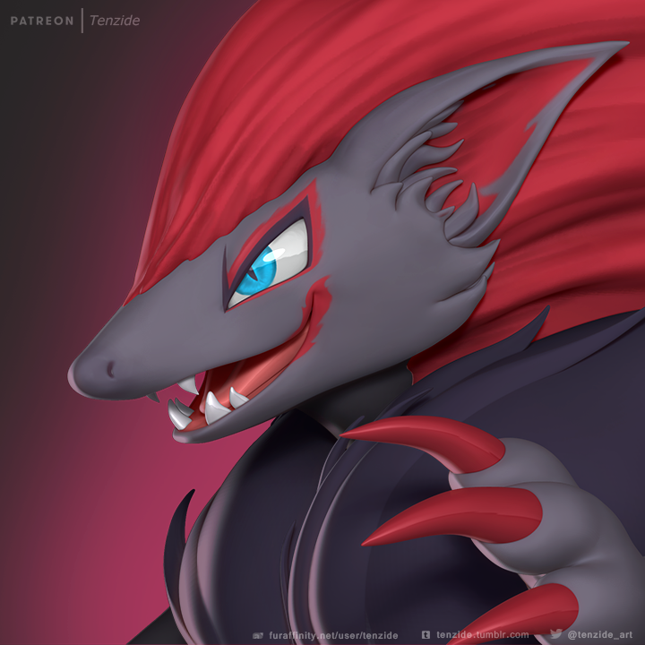 2018 3_fingers 3d_(artwork) ambiguous_gender anthro biped black_background black_fur blue_eyes bust_portrait canine cheek_tuft claws digital_media_(artwork) evil_grin eyeliner fur gradient_background grey_fur icon inner_ear_fluff lipstick makeup mammal mane multicolored_fur neck_tuft nintendo nude open_mouth open_smile pink_background pink_tongue pok&eacute;mon pok&eacute;mon_(species) portrait red_claws red_eyeliner red_lipstick red_mane sharp_teeth side_view simple_background slit_pupils smile snout solo teeth tenzide tongue tuft two_tone_fur video_games zbrush zoroark