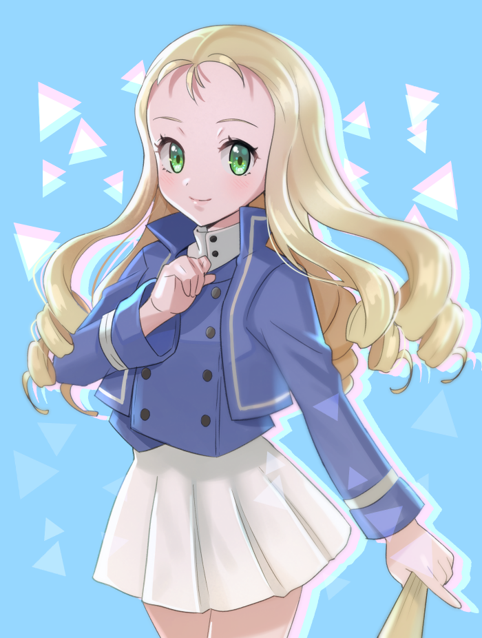 bad_id bad_pixiv_id bc_freedom_military_uniform blonde_hair blue_background blue_jacket blue_vest clenched_hand closed_mouth commentary cowboy_shot dress_shirt drill_hair fan folding_fan girls_und_panzer green_eyes high_collar holding holding_fan jacket kakuzatou_(boxxxsugar) long_hair long_sleeves looking_at_viewer marie_(girls_und_panzer) military military_uniform miniskirt pleated_skirt shirt skirt smile solo standing triangle uniform vest white_shirt white_skirt
