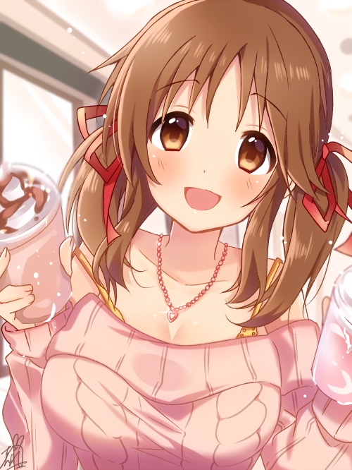 :d arms_up bangs blush bra bra_strap breasts brown_hair ceiling cleavage coffee coffee_cup collarbone cup disposable_cup dot_nose eyebrows_visible_through_hair hair_ribbon heart heart_necklace holding holding_cup idolmaster idolmaster_cinderella_girls indoors jewelry large_breasts looking_at_viewer low_twintails medium_hair necklace off_shoulder omuretsu open_mouth pendant pink_sweater red_ribbon ribbed_sweater ribbon sidelocks signature smile solo strap_slip sweater tareme totoki_airi twintails underwear upper_body whipped_cream window yellow_bra yellow_eyes