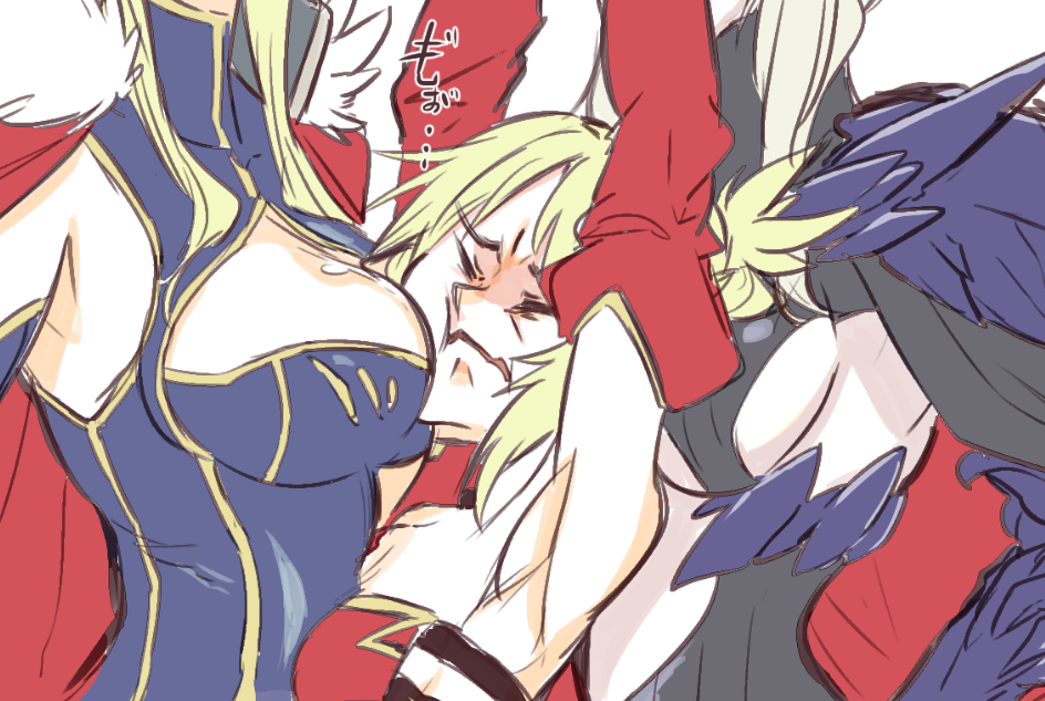 armor artoria_pendragon_(all) artoria_pendragon_(lancer) artoria_pendragon_(lancer_alter) bandeau between_breasts blonde_hair braid breasts cape cleavage fate/grand_order fate_(series) flat_color french_braid fur-trimmed_cape fur_trim gauntlets girl_sandwich gold_trim hair_ornament hair_scrunchie large_breasts mordred_(fate) mordred_(fate)_(all) multiple_girls pauldrons ponytail red_cape red_scrunchie sandwiched scrunchie sideboob sidelocks takatsuki_nato translation_request underboob