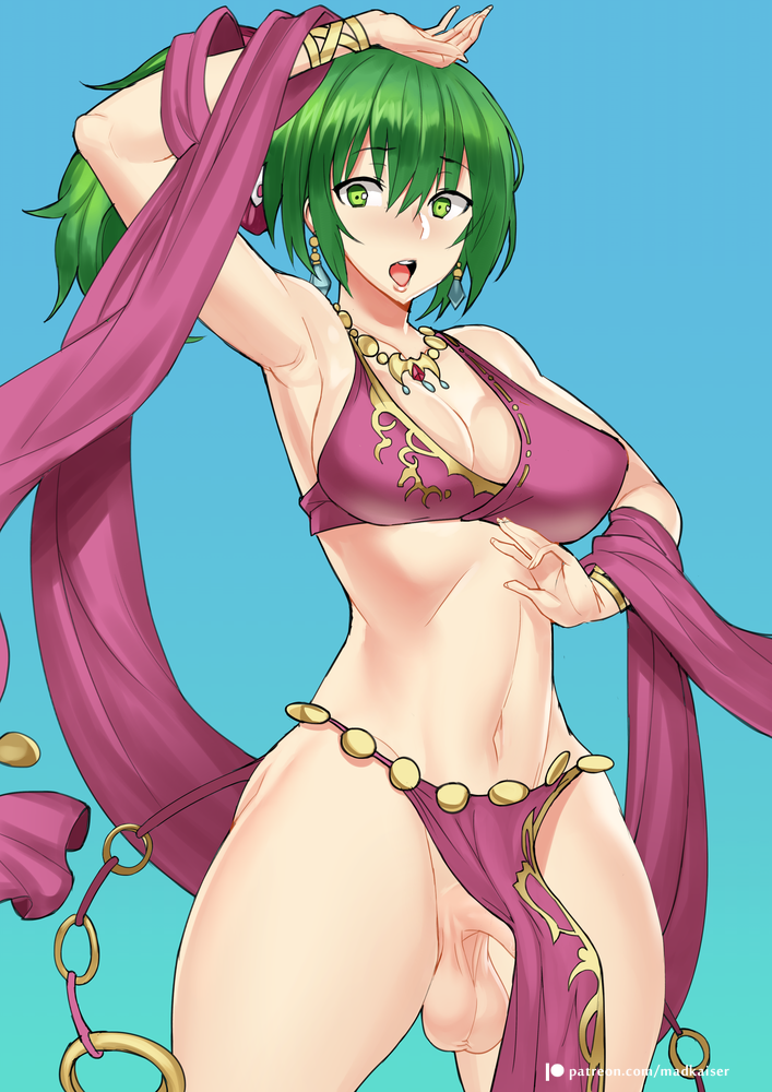 10s 1girl 2018 armpit arms_up bangs breasts dancer earrings erection eyebrows_visible_through_hair fire_emblem fire_emblem:_seisen_no_keifu full-package_futanari futanari green_eyes green_hair hair_between_eyes jewelry leen_(fire_emblem) medium_breasts newhalf open_mouth penis shiny shiny_hair shiny_skin short_hair sidelocks testicles thighs uncensored