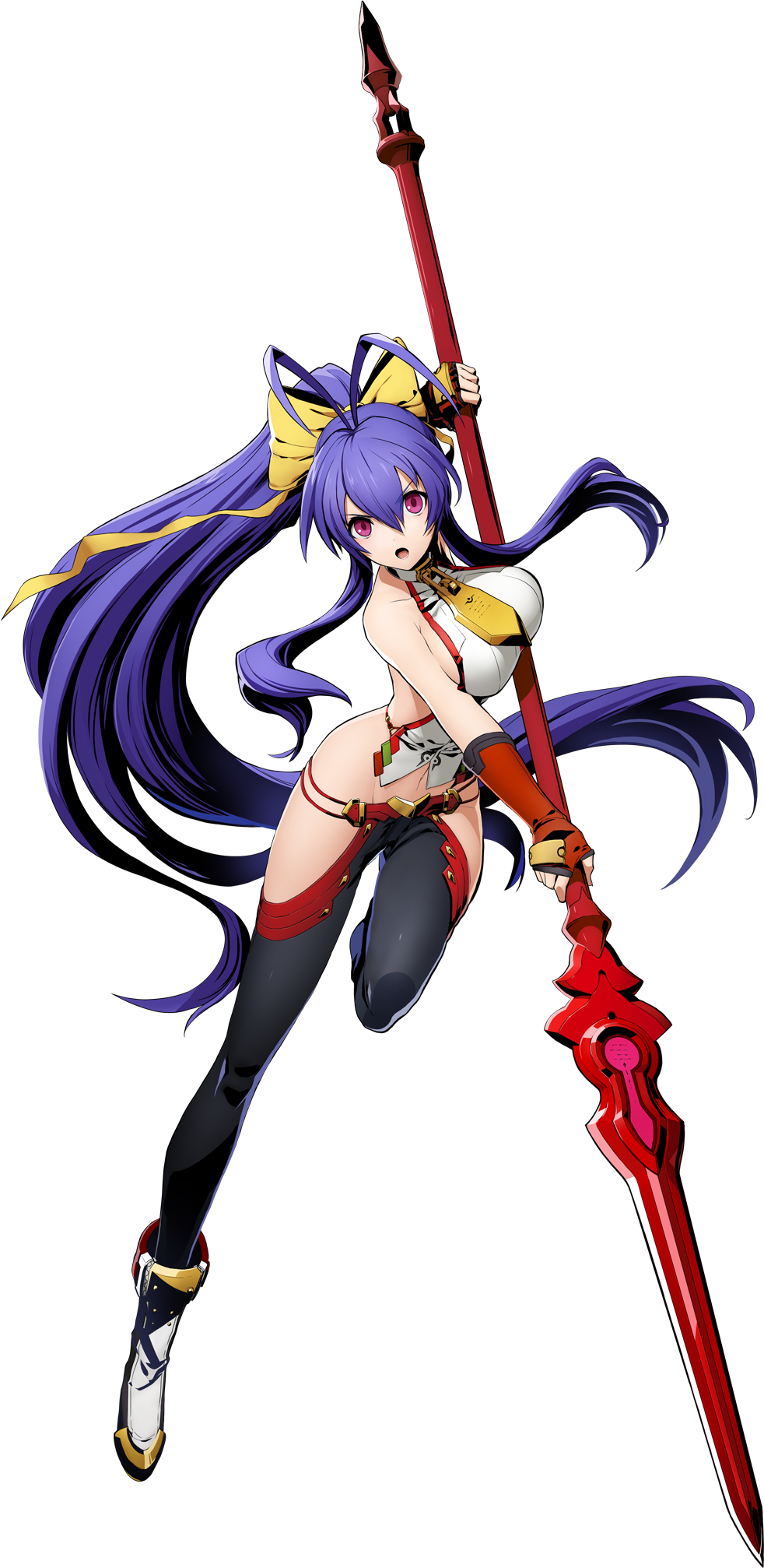 1girl antenna_hair black_pants blazblue blazblue:_cross_tag_battle boots breasts full_body genderswap genderswap_(mtf) halter_top halterneck highres hip_vent large_breasts mai_natsume midriff official_art pants pink_eyes polearm ponytail purple_hair sideboob solo spear tagme transparent_background weapon
