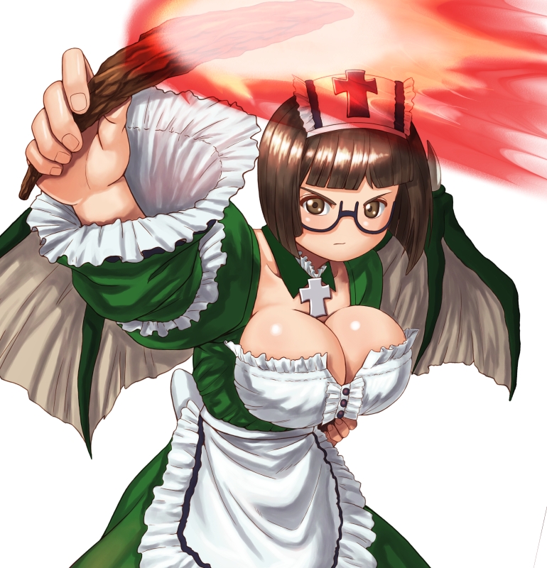 :| apron bad_anatomy bad_id bad_pixiv_id black-framed_eyewear breasts brown_eyes brown_hair cave cleavage closed_mouth cross cross_necklace deathsmiles fire follett_(deathsmiles) jewelry large_breasts long_sleeves looking_at_viewer necklace shinonome_(game_hakkutsu_tai) simple_background solo standing torch white_background wings