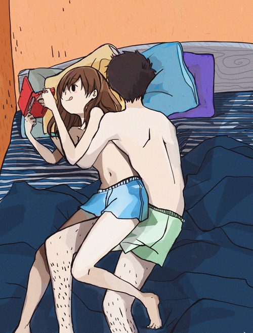 1girl :q arms_up bed bed_sheet bedroom black_eyes black_hair blue_briefs blue_pillow briefs brown_hair commentary english_commentary foot_out_of_frame green_briefs handheld_game_console leg_hair long_hair male_underwear navel nintendo_3ds original pillow playing_games sleeping sooyun_choi tongue tongue_out topless underwear underwear_only yellow_pillow