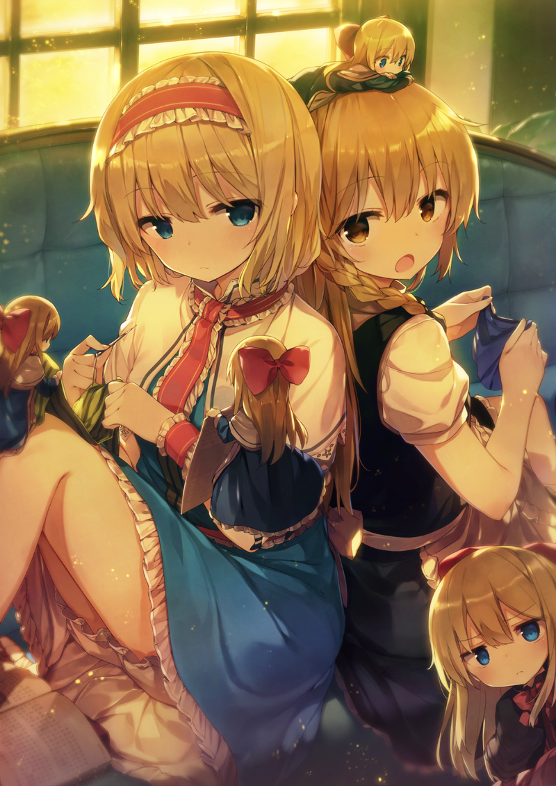 alice_margatroid apron back-to-back bad_id bad_pixiv_id bangs between_fingers blonde_hair bloomers blue_dress blue_eyes blunt_bangs blush book bow braid capelet commentary_request couch dress eyebrows_visible_through_hair frilled_dress frilled_hairband frills hair_between_eyes hair_bow hairband holding_needle indoors kirisame_marisa knees_up lolita_hairband long_hair looking_at_another looking_at_viewer multiple_girls needle no_hat no_headwear open_book open_mouth petticoat puffy_short_sleeves puffy_sleeves red_bow red_hairband red_headband red_neckwear sewing sewing_needle shanghai_doll shinoba short_hair short_sleeves single_braid sitting touhou underwear waist_apron white_apron white_bloomers white_capelet window wrist_cuffs yellow_eyes