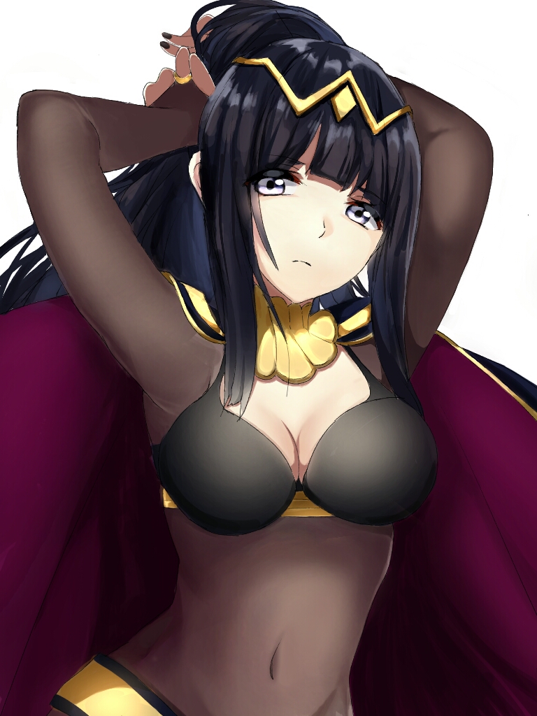 adjusting_hair alternate_hairstyle aone_hiiro arms_up bangs black_hair black_nails blunt_bangs bodysuit breasts cape circlet cleavage covered_navel expressionless fire_emblem fire_emblem:_kakusei long_hair medium_breasts nail_polish ponytail silver_eyes simple_background solo straight_hair tharja upper_body white_background