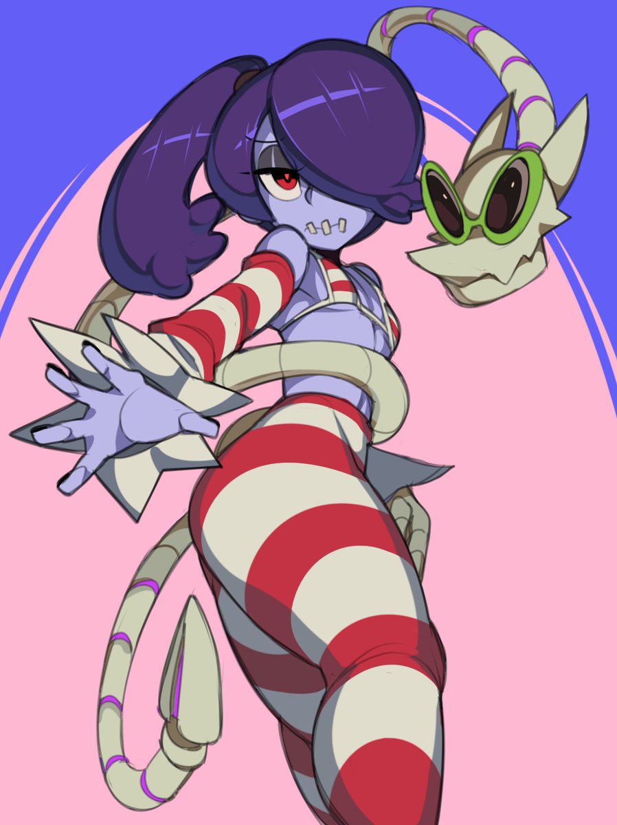 1girl bare_shoulders bikini blue_skin breasts detached_sleeves hair_over_one_eye leviathan_(skullgirls) skullgirls solo squigly_(skullgirls) stocking swimsuit zombie
