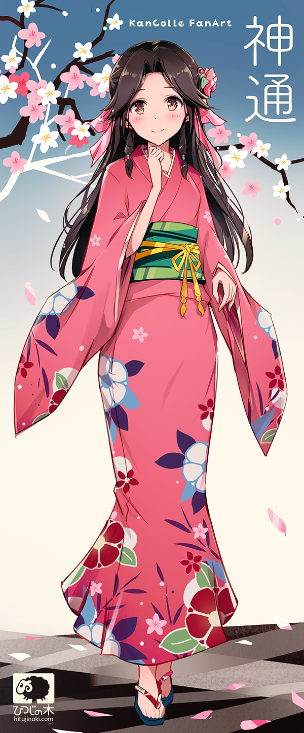 alternate_costume artist_name bangs blush branch breasts brown_eyes brown_hair cherry_blossoms closed_mouth commentary_request floral_print flower forehead full_body hair_intakes hair_ornament hair_ribbon hand_up head_tilt highres japanese_clothes jintsuu_(kantai_collection) kantai_collection kimono long_hair looking_at_viewer medium_breasts moupii_(hitsuji_no_ki) obi outdoors parted_bangs petals pink_kimono pink_ribbon ribbon sandals sash sidelocks smile solo standing tareme tress_ribbon wind