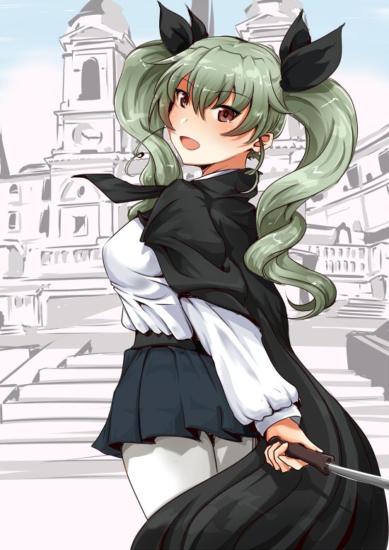 anchovy anzio_school_uniform bangs belt black_belt black_cape black_ribbon black_skirt cape commentary cowboy_shot dress_shirt drill_hair eyebrows_visible_through_hair girls_und_panzer green_hair hair_ribbon hanchou_(shirokun555) holding italy long_hair long_sleeves looking_at_viewer looking_back miniskirt open_mouth pantyhose partially_colored pleated_skirt real_world_location red_eyes ribbon riding_crop rome school_uniform shirt skirt smile solo standing twin_drills twintails white_legwear white_shirt