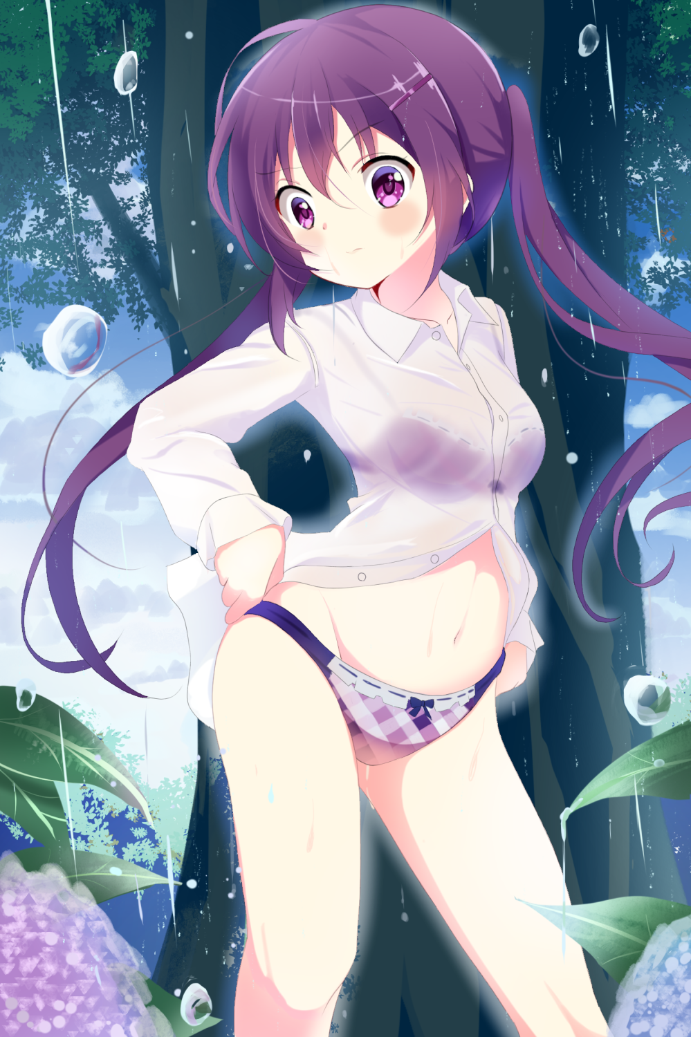 adjusting_clothes adjusting_panties bangs blue_sky blush bow bow_panties bra closed_mouth cloud cloudy_sky commentary_request cowboy_shot day dress_shirt droplet eyebrows_visible_through_hair flower frown gochuumon_wa_usagi_desu_ka? highres hydrangea legs long_hair navel no_pants panties pix_mloof plaid plaid_panties purple_bra purple_eyes purple_hair purple_panties rain see-through shirt sky solo standing tedeza_rize tree twintails underwear white_shirt wing_collar