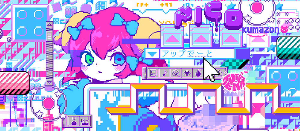 abstract bad_id bad_tumblr_id blue_bow blue_eyes blush bomb bow buttons cursor eighth_note game_boy green_eyes hair_between_eyes hair_bow hammer handheld_game_console icon m7kenji musical_note original pixel_art red_hair short_hair solo translation_request