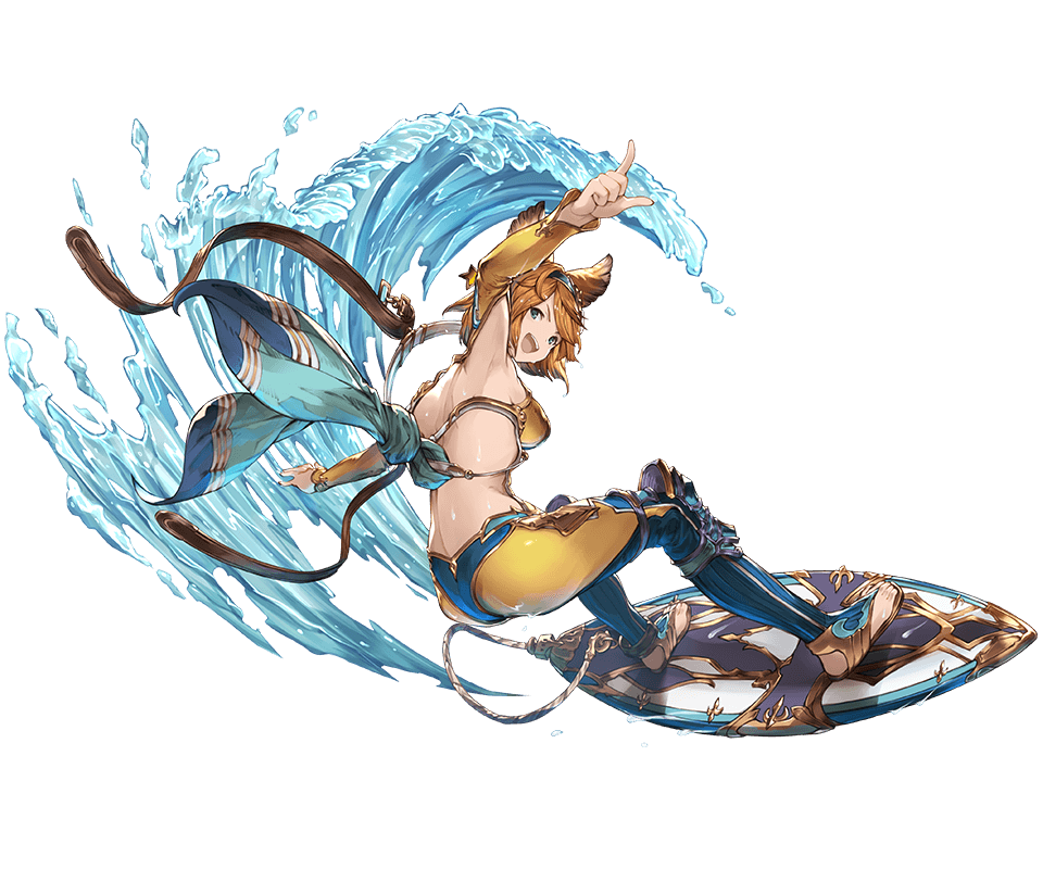 animal_ears armpits ass bangs blue_eyes breasts cailana erune full_body gold_trim granblue_fantasy looking_at_viewer minaba_hideo official_art pointing solo star surfboard surfing swept_bangs transparent_background water waves