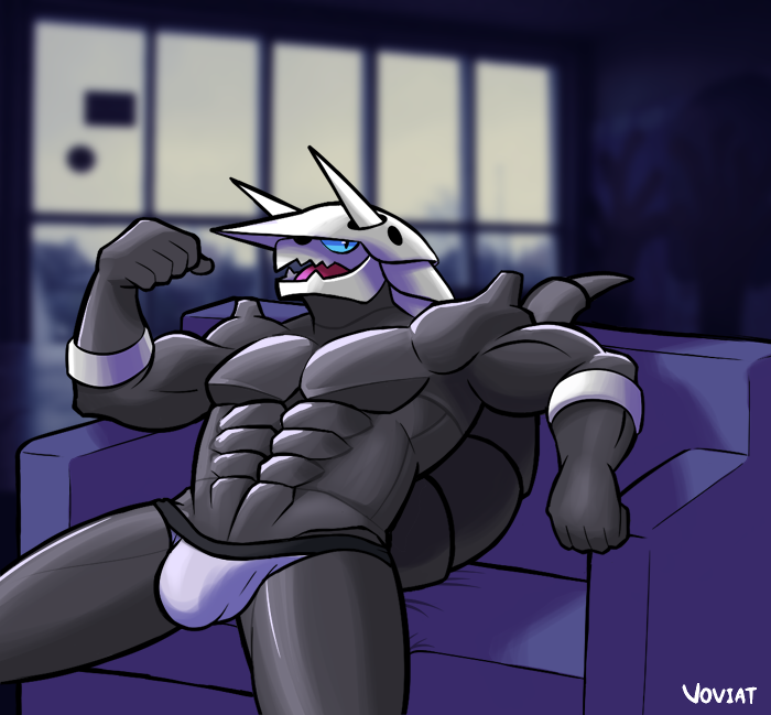 2018 abs aggron anthro anthrofied arm_support biceps biped black_body black_eyes blue_sclera blurred_background bulge clothed clothing digital_drawing_(artwork) digital_media_(artwork) fist flexing front_view grey_body grey_horn grey_tail hole_(anatomy) horn humanoid_hands inside jagged_mouth jockstrap long_tail looking_aside looking_away male mineral_fauna muscular muscular_male navel nintendo on_couch open_mouth pecs pink_tongue pinup pok&eacute;mon pok&eacute;mon_(species) pok&eacute;morph pose raised_arm reclining scalie shiny sitting slit_pupils sofa solo spikes tongue topless two_tone_body underwear video_games voviat window