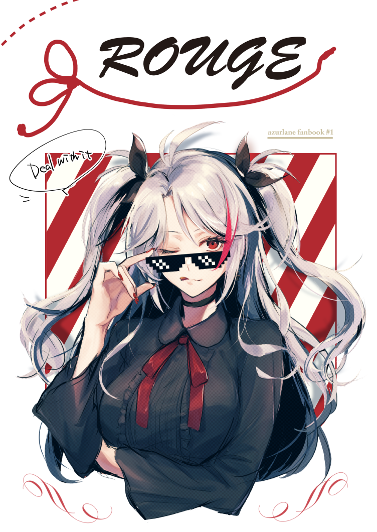 :q alternate_costume antenna_hair arm_under_breasts azur_lane bangs black_blouse black_ribbon blouse blush breasts choker closed_mouth collared_blouse commentary_request cover cropped_torso deal_with_it eyebrows_visible_through_hair hair_between_eyes hair_ribbon hand_on_eyewear iron_cross large_breasts long_hair long_sleeves looking_at_viewer multicolored_hair nail_polish neck_ribbon one_eye_closed prinz_eugen_(azur_lane) red_hair red_nails red_neckwear ribbon sidelocks silver_hair smile solo streaked_hair sunglasses tongue tongue_out two_side_up very_long_hair wide_sleeves yoshiko_(445em)