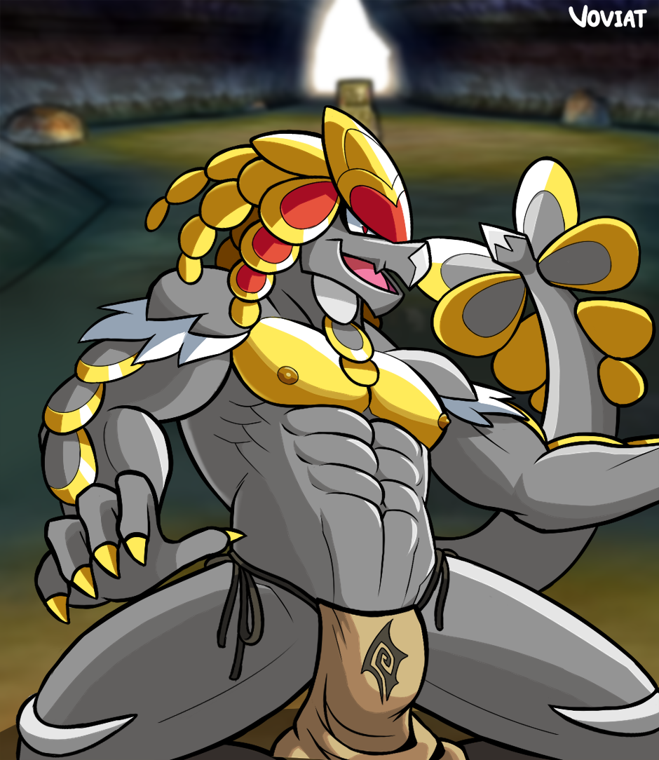 2018 5_fingers abs anthro anthrofied biceps biped blurred_background bulge cave claws clothed clothing crouching digital_drawing_(artwork) digital_media_(artwork) dinosaur front_view fur grey_scales grey_tail half-length_portrait humanoid_hands inside jagged_mouth kommo-o loincloth long_tail male multicolored_scales multicolored_tail muscular muscular_male navel nintendo nipples open_mouth open_smile pecs photo_background pink_tongue pinup pok&eacute;mon pok&eacute;mon_(species) pok&eacute;morph portrait pose quads red_eyes red_scales scales scalie shiny slit_pupils smile snout solo theropod tongue topless video_games voviat white_fur white_scales white_tail yellow_claws yellow_nipples yellow_scales yellow_tail