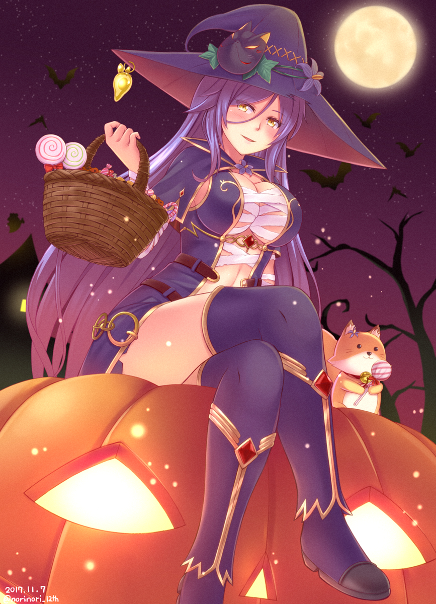 basket bat blush breasts candy commentary_request crossed_legs eyebrows_visible_through_hair flower flower_knight_girl food fox_face_(flower_knight_girl) fox_mask full_moon halloween halloween_basket hat highres holding holding_basket jack-o'-lantern light_bulb long_hair looking_at_viewer mask moon night norinori_12th open_mouth outdoors purple_hair purple_legwear sitting solo star star_(sky) thighhighs tree very_long_hair witch_hat