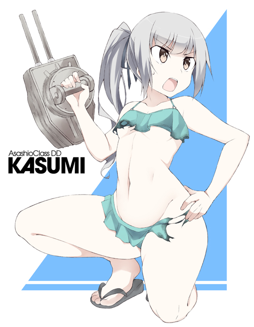bikini bikini_skirt blue_background brown_eyes cannon character_name frilled_bikini frills green_bikini grey_hair hand_on_hip kantai_collection kasumi_(kantai_collection) long_hair looking_to_the_side one_knee open_clothes open_mouth open_shirt pleated_skirt sandals side_ponytail skirt solo souji swimsuit torn_clothes turret two-tone_background white_background