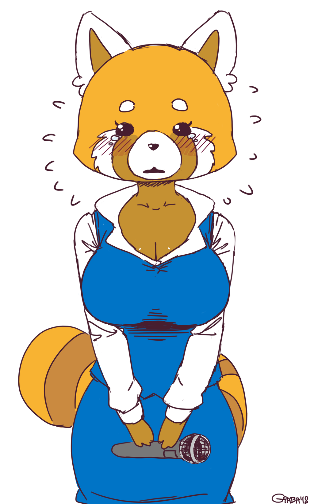 2018 aggressive_retsuko alternate_form anthro big_breasts blush breasts cleavage clothed clothing female fully_clothed fur giaba holding_microphone holding_object looking_at_viewer mammal microphone multicolored_fur nervous red_panda retsuko sanrio shirt simple_background skirt solo striped_fur stripes white_background