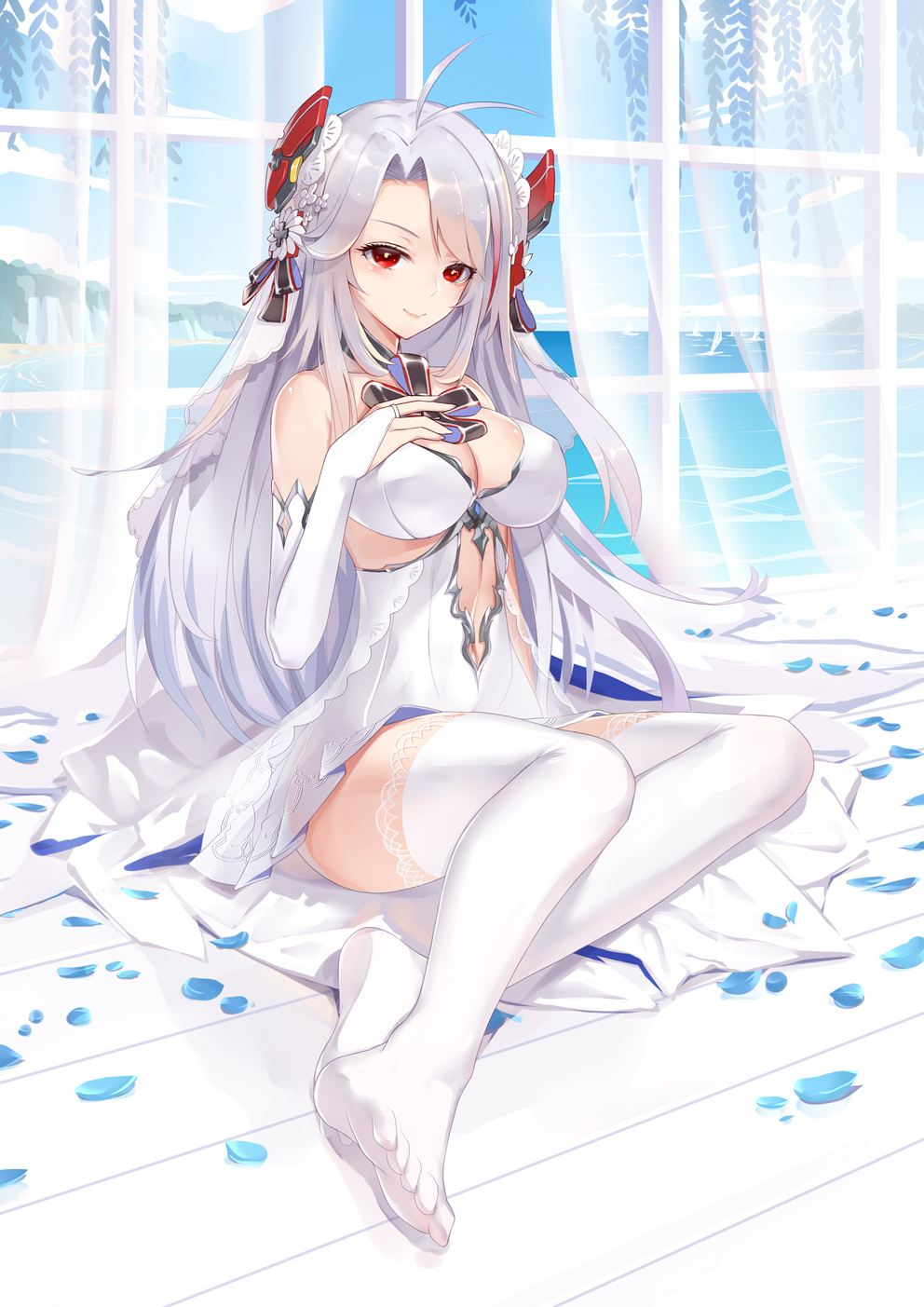 adapted_costume ankle_ribbon antenna_hair arm_support ass azur_lane bangs bare_shoulders beach blue_sky blush breasts bridal_gauntlets bridal_veil brown_eyes cleavage closed_mouth collarbone commentary_request crossed_legs curtains day dress flower full_body garter_straps gloves hair_between_eyes hair_ornament hand_on_own_chest head_tilt headgear highres indoors iron_cross large_breasts liu_lan long_hair looking_at_viewer multicolored_hair no_bra no_shoes petals prinz_eugen_(azur_lane) red_hair ribbon rose sand see-through silver_hair sitting sky smile solo thighhighs thighs two_side_up underwear veil very_long_hair wedding_dress white_dress white_flower white_gloves white_hair white_legwear yokozuwari