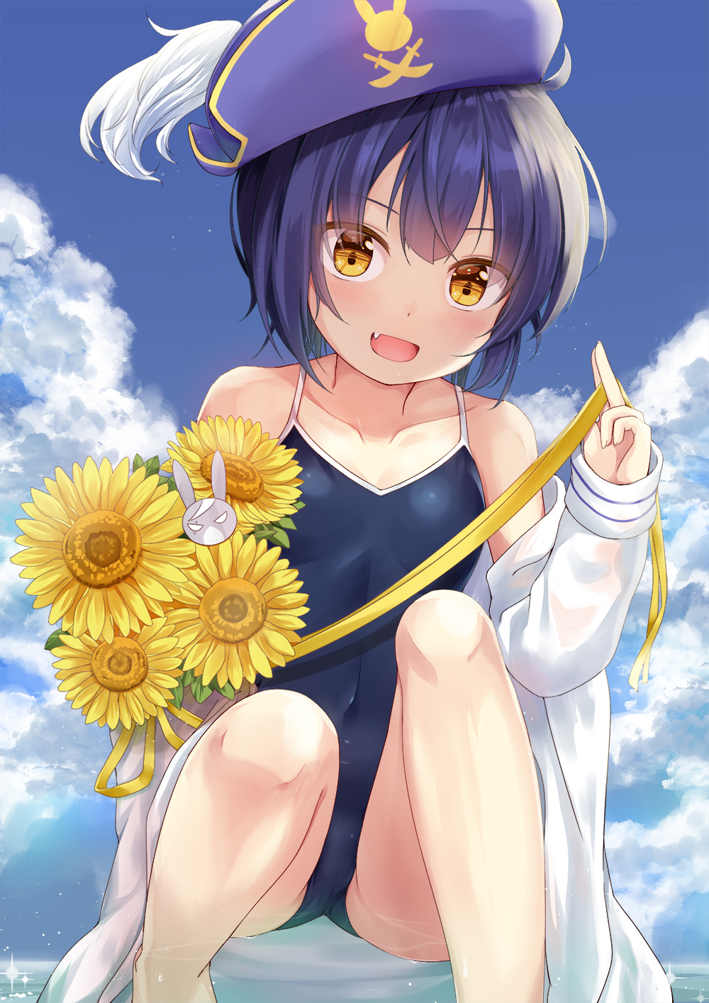 :d bare_legs bare_shoulders barefoot between_fingers blue_eyes blue_hat blue_sky blush brown_eyes cloud collar commentary_request competition_school_swimsuit day fang fingernails flower gochuumon_wa_usagi_desu_ka? hat highres holding holding_flower hood hood_down hooded_jacket horizon jacket jouga_maya niiya ocean off_shoulder one-piece_swimsuit open_clothes open_jacket open_mouth outdoors pirate_hat ribbon school_swimsuit short_hair sky sleeves_past_wrists smile solo sparkle squatting sunflower swimsuit water white_jacket wild_geese yellow_flower yellow_ribbon