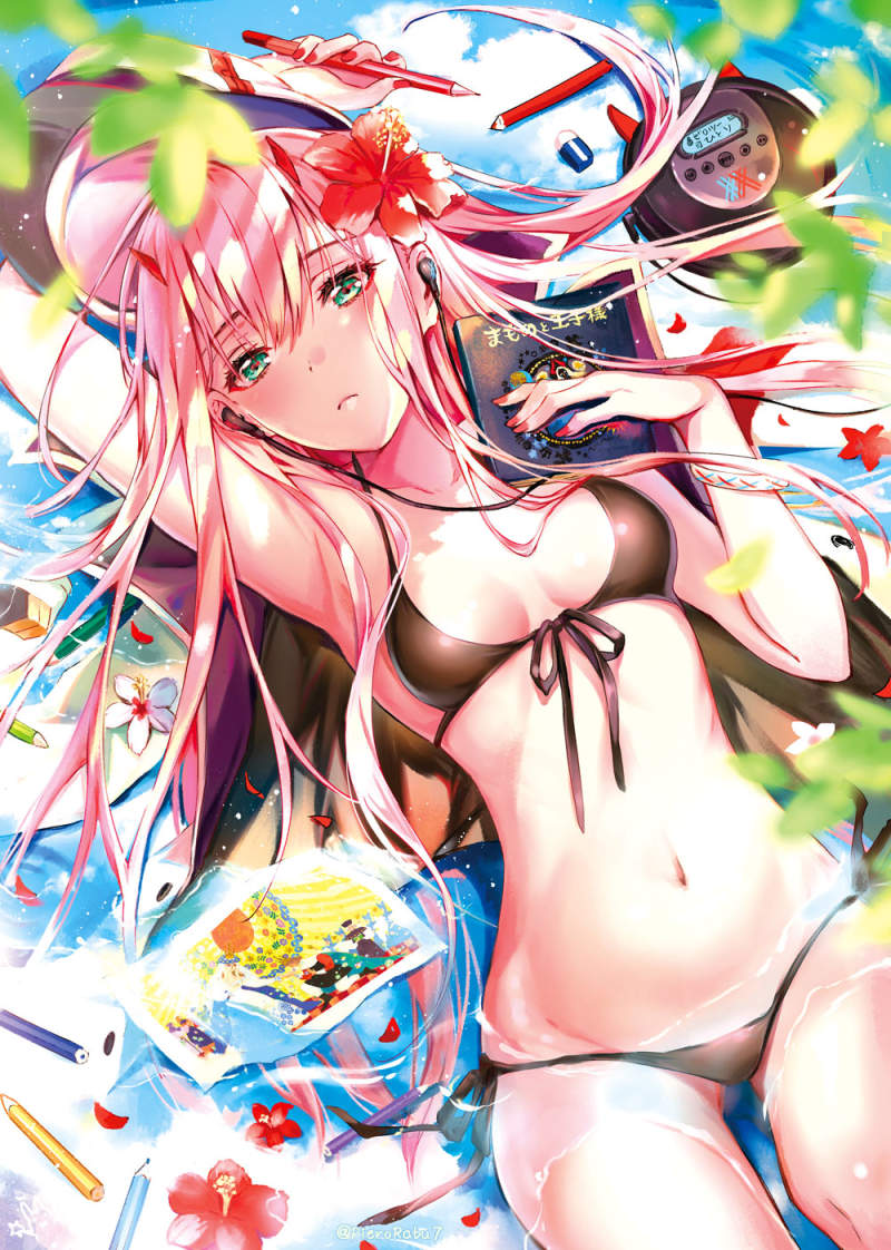 arm_up bangs bikini black_bikini blurry blurry_foreground blush book breasts cd_player closed_mouth colored_pencil commentary_request darling_in_the_franxx depth_of_field dutch_angle earbuds earphones eyebrows_visible_through_hair fingernails flower front-tie_bikini front-tie_top green_eyes hair_between_eyes hair_flower hair_ornament holding holding_book horns jpeg_artifacts long_hair looking_at_viewer lying medium_breasts nail_polish navel on_back pencil petals petals_on_liquid pierorabu pink_hair red_flower red_nails solo summer swimsuit very_long_hair water white_flower zero_two_(darling_in_the_franxx)