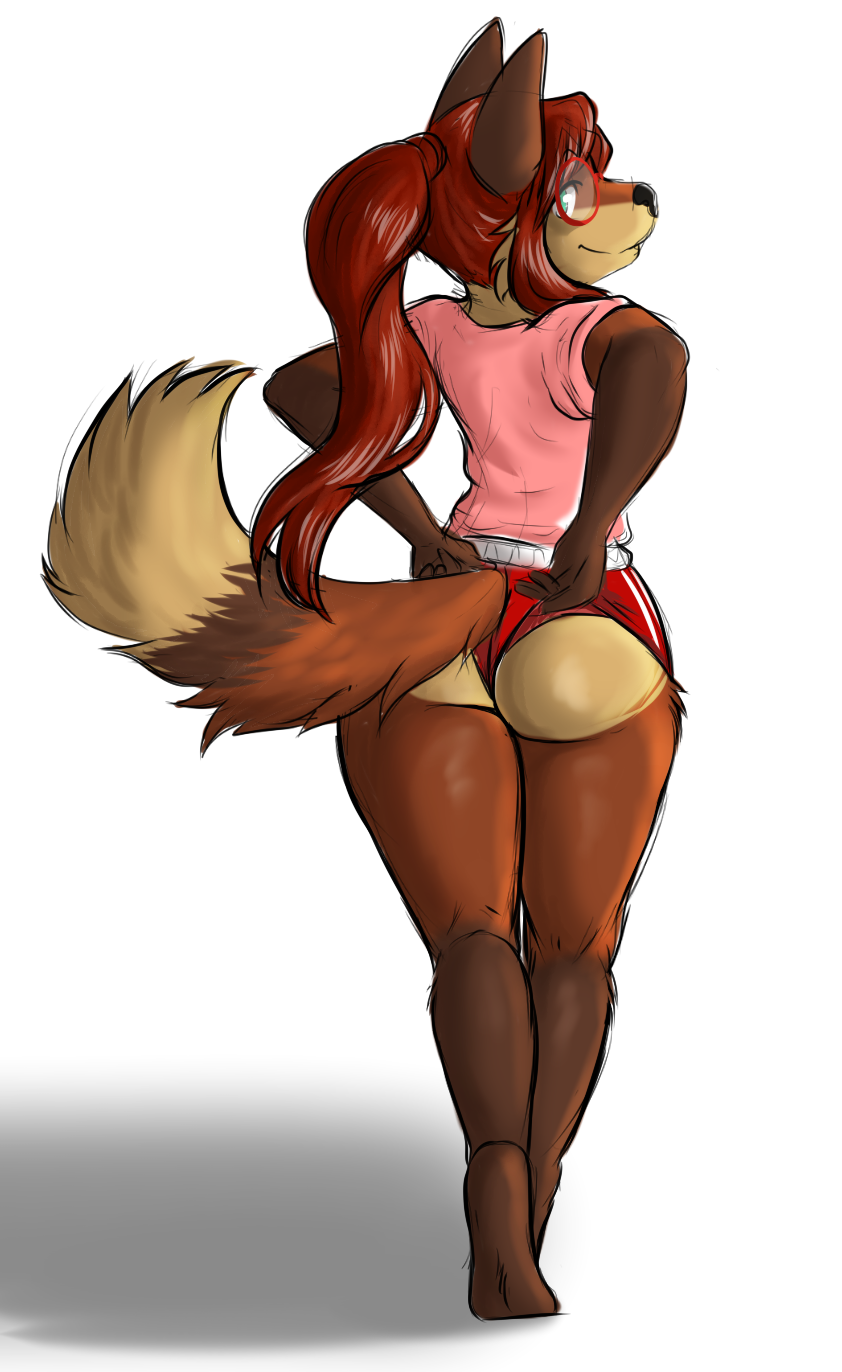 anthro blue_eyes butt canine clothing cutedeer eyewear female glasses hair mammal ponytail red_hair shirt shorts solo