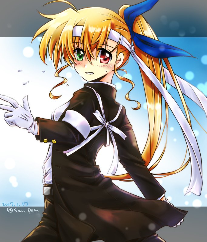 bangs black_jacket blue_ribbon commentary_request cowboy_shot dated eyebrows_visible_through_hair flying_sweatdrops from_side gakuran gloves green_eyes grin hair_ribbon heterochromia jacket letterboxed long_hair long_sleeves looking_at_viewer lyrical_nanoha mahou_shoujo_lyrical_nanoha_vivid open_clothes open_jacket ouendan partial_commentary red_eyes ribbon san-pon school_uniform shirt smile solo standing sweat twitter_username vivio white_gloves white_headband white_shirt