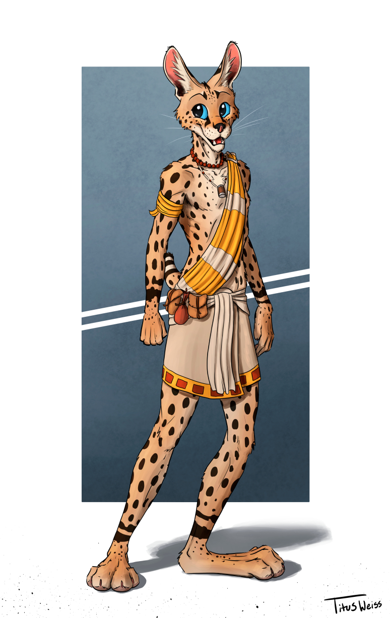 2018 5_fingers anthro blue_eyes clothed clothing digital_media_(artwork) feline fur male mammal no_sclera open_mouth serval simple_background solo spots spotted_fur standing teeth titusw tongue tribal