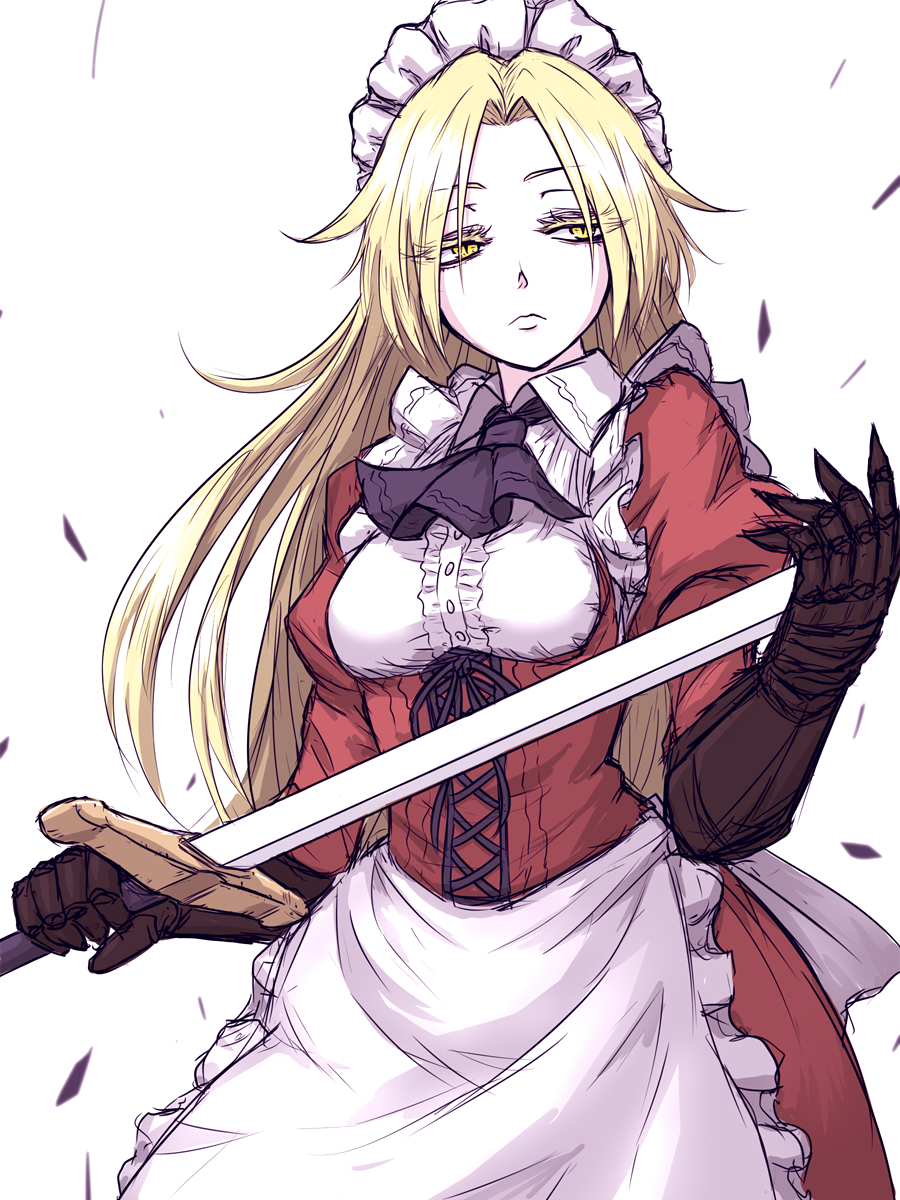 apron ascot bangs blonde_hair breasts closed_mouth collared_shirt cropped_legs dress expressionless eyebrows_visible_through_hair eyes_visible_through_hair frills gloves highres holding holding_sword holding_weapon long_hair long_sleeves looking_away looking_to_the_side maid maid_apron maid_headdress miata_(miata8674) puffy_sleeves red_dress ribbon shirt simple_background slit_pupils solo standing sword touhou touhou_(pc-98) upper_body very_long_hair waist_apron weapon white_background white_shirt white_skin yellow_eyes yumeko
