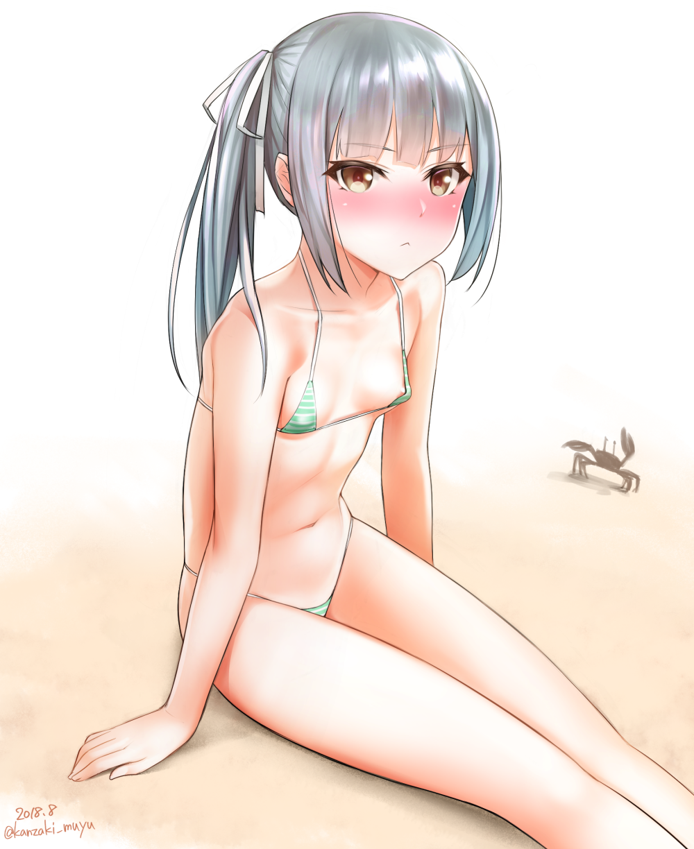 :&lt; alternate_costume areola_slip areolae arm_support arms_at_sides bare_arms bare_legs barefoot bikini blush breasts brown_eyes collarbone covered_nipples crab dated eyebrows_visible_through_hair feet_out_of_frame halter_top halterneck highres kantai_collection kanzaki_muyu kasumi_(kantai_collection) long_hair looking_at_viewer micro_bikini navel sand side_ponytail signature silver_hair sitting solo stomach striped striped_bikini swimsuit thighhighs